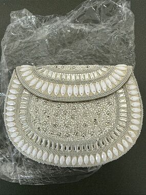New RAMLA Beaded White Evening Clutch - Elegant Bridal Handbag